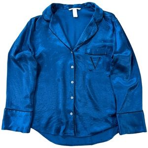 Victoria's Secret Sleep Shirt Teal Dot Button Pajama Top Long Sleeve READ*